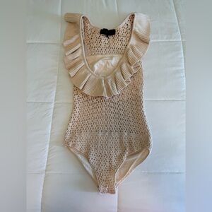 XS Crochet Ruffle Jersey Bandeau Bodysuit in Tea KENDALL + KYLIE